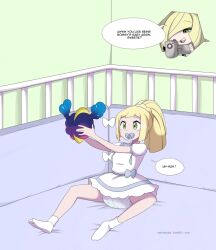 age_regression bed blonde_hair camera diaper dress femdom femsub lillie_(pokemon) lusamine merunyaa mommy mother_and_daughter nebby nintendo pacifier pokemon pokemon_(creature) pokemon_sun_and_moon ponytail socks text rating:Questionable score:59 user:Sleepyhead97