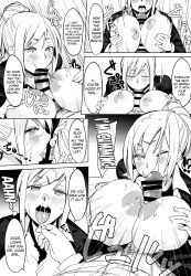 blonde_hair breast_fondling breasts dialogue exposed_chest expressionless fukumaaya hard_translated hypnotic_app large_breasts lollipop monochrome paizuri penis ponytail spiral_eyes symbol_in_eyes tagme text translated rating:Explicit score:20 user:L12@