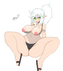 absurdres breasts cameltoe character_request copyright_request dazed elf_ears female_only femsub inverted_nipples kaa_eyes large_breasts long_hair mixx54 open_clothes sandals solo white_hair rating:questionable score: user:mixx54