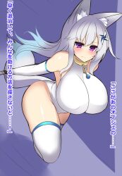 animal_ears breasts collar female_only fox_girl gloves huge_breasts kutan leotard long_hair mizuki_(kutan) opera_gloves original purple_eyes silver_hair solo tail text thighhighs translation_request rating:Questionable score:58 user:Toxic_Thunder