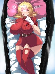 amputee bed belt blonde_hair blood blush breasts coin drool femsub gloves glowing glowing_eyes hellsing huge_breasts light_skin lying open_mouth pendulum seras_victoria short_hair text thighhighs tongue tongue_out torn_clothes yeukone14 rating:explicit score: user:cygant
