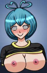 black_clover blackwidowx blue_hair blush breasts female_only grey_(black_clover) large_breasts spiral_eyes symbol_in_eyes topless undressing rating:questionable score: user:blackwidow69x
