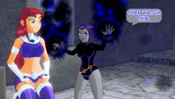 aware clothed dc_comics dialogue dogdog english_text female_only floating goth green_eyes grey_skin magic multiple_girls purple_eyes purple_hair raven red_hair starfire text rating:Safe score:1 user:Bootyhunter69