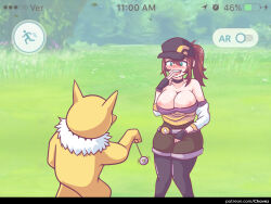  blue_eyes blush breasts breasts_outside chavez drool female_protagonist_(pokemon_go) femsub happy_trance hat hypno nintendo open_clothes open_mouth pendulum pokemon pokemon_(creature) pokemon_go ponytail user_interface 
