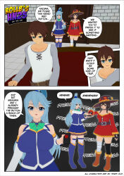 aqua_(konosuba) blue_hair breasts brown_hair clothed comic dialogue expressionless green_eyes kazuma_satou kono_subarashii_sekai_ni_shukufuku_wo! megumin_(konosuba) nude pussy red_eyes rollb saluting smug text