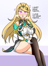  absurdres blonde_hair blush breasts breath femsub gloves glowing glowing_eyes happy_trance large_breasts long_hair mythra_(xenoblade) nintendo opera_gloves sortish text tights underwear xenoblade_chronicles xenoblade_chronicles_2 