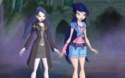 blue_hair children_of_the_night choker expressionless fangs female_only femdom femsub fitzoblong glowing glowing_eyes goth monster_girl musa_(winx_club) open_mouth pale_skin shorts spiral_eyes symbol_in_eyes twintails vampire very_long_hair winx_club