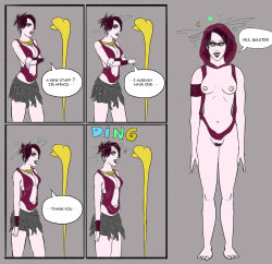 barefoot before_and_after breasts brown_hair cleavage comic dazed dragon_age female_only femsub hair_covering_one_eye happy_trance hood hypnostink jewelry kaa_eyes large_breasts morrigan_(dragon_age) navel nipples open_mouth ping pubic_hair pussy simple_background staff text witch