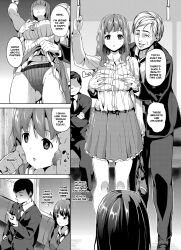 breasts comic date empty_eyes expressionless femsub greyscale groping holding_breasts large_breasts licking long_hair maledom open_mouth original school_uniform short_hair skirt skirt_lift tech_control text