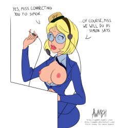  awmbh blonde_hair breasts dazed empty_eyes expressionless female_only femsub glasses hong_kong_phooey large_breasts maledom open_mouth phoney_booth police_uniform rosemary tech_control text topless underdog_(series) western 