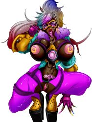  abs absurdres alternate_color_scheme bimbofication body_markings bottomless breasts clothed_exposure dark_skin female_only femsub ganguro glowing glowing_eyes goggles happy_trance heart heart_eyes high_heels huge_breasts long_hair long_nails long_tongue mamimi multicolored_hair nipple_piercing open_mouth overwatch piercing pussy shiny_skin simulated_fellatio simulated_handjob solo spiral spread_legs squatting symbol_in_eyes tattoo tech_control thighhighs tongue tongue_out tongue_piercing topless tracer 