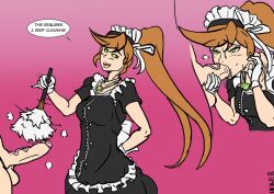 ace_attorney athena_cykes blush breasts brown_hair buttpants cleaning dialogue drool erection feather_duster fellatio femsub glowing glowing_eyes hair_ribbon happy_trance joshdehu_(colorist) large_breasts long_hair maid maid_headdress open_mouth oral orange_hair penis ponytail ribbon smile text veins
