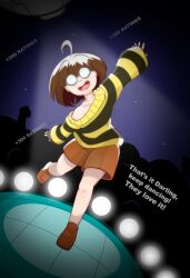  ahoge alternate_costume brown_hair dancing dialogue disguised_hypnotist eyebrows_visible_through_hair femsub frisk_(undertale) happy_trance maledom open_mouth shoes short_hair shorts smile stage sweater tagme text undertale whitewash_eyes 