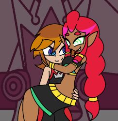 aged_up bare_shoulders belt blue_eyes bracelet braid breath_of_the_wild brown_hair consensual crossover dark_skin disney elf_ears eyebrows_visible_through_hair eyelashes femsub gerudo green_eyes happy_trance hug hypnoscream kingdom_hearts large_breasts long_hair love makeela_riju maledom midriff necklace nintendo red_hair shiny_hair short_hair simple_background sitting sitting_on_lap skirt smile sora spiralwash_eyes square_enix tank_top tears_of_the_kingdom the_legend_of_zelda wide_hips