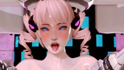  3d blonde_hair blue_eyes blush corruption drill_hair empty_eyes eye_roll female_only femsub honey_select_2 milking milking_machine mo_qin nude open_mouth original solo spiral_eyes sweat tech_control tongue tongue_out twintails 