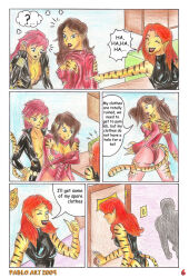 black_widow breasts brown_hair cat_girl comic femsub furry large_breasts latex long_hair marvel_comics red_hair sketch super_hero text the_avengers thought_bubble tiger_girl tigra traditional wanda_maximoff western