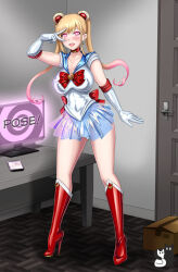  blonde_hair blush choker clothed collarbone cosplay earrings english_text environmental_text female_only femsub gloves glowing_eyes hair_ornament happy_trance heart heart_eyes high_heels hypnotic_screen knee-high_boots kneehighs latex leotard looking_at_viewer marin_kitagawa my_dress-up_darling opera_gloves pink_eyes posing rosvo sailor_moon sailor_moon_(series) see-through signature smile solo symbol_in_eyes text twintails v very_long_hair 