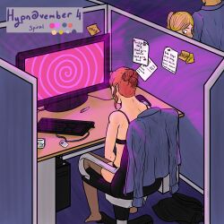  absurdres artist_request femsub hypnotic_screen hypnovember office office_lady red_hair source_request spiral tech_control text thighhighs 