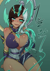 absurdres alternate_costume alternate_hair_color alternate_hairstyle arm_warmers bare_legs bare_shoulders blush breasts brown_hair cleavage corruption crown dark_skin earrings female_only femsub glowing glowing_eyes happy_trance jewelry karma_(league_of_legends) large_breasts league_of_legends long_hair looking_at_viewer magic maledom multicolored_hair ppyumeuleulu ruination runny_makeup sitting slit_pupils smile solo tears text torn_clothes transformation translation_request white_hair