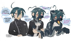  ahoge animal_transformation before_and_after blue_hair blush claws clothed dangan_ronpa dangan_ronpa_v3 dialogue dog_boy drool english_text furry happy_trance heart instant_loss male_only malesub open_mouth sequence shuichi_saihara simple_background speech_bubble spiral_eyes spiralwash_eyes tagme text tongue transformation watermark white_background yellow_eyes yenkoby 