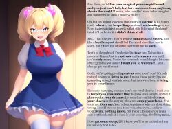  ai_art bangs blonde_hair blue_eyes bragging breasts caption dialogue dress english_text eyebrows_visible_through_hair fangs femdom glowing_eyes hourglass_figure jaaysiin_(manipper) large_breasts looking_at_viewer magic male_pov novelai_(ai) open_mouth pov pov_sub princess royalty sleep_command smile smug text thick_thighs thighhighs thighs tight_clothing twintails 