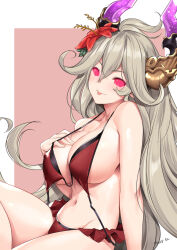 bikini_bottom bikini_top blush breasts cleavage clothed_exposure female_only femsub glowing glowing_eyes granblue_fantasy horns large_breasts long_hair looking_at_viewer manip micro_bikini misterman4_(manipper) red_eyes sarasa_(granblue_fantasy) silver_hair smile solo spiral_eyes swimsuit symbol_in_eyes tongue tongue_out tonyg