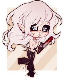 blood chainsaw chibi commission corruption dreamalgia elf_ears fangs femboy high_heels male_only malesub nipple_piercing nipples open_mouth original pants smile solo spiral_eyes topless white_hair