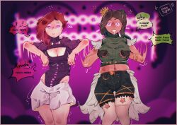  absurdres belt border bouncing_breasts breasts brown_hair celeste_(verbose) cleavage cleavage_cutout clothed dancing drool english_text female_only femdom femsub fingerless_gloves flower_in_hair gloves glowing glowing_eyes large_breasts lena_(pupsoph) looking_at_viewer mental_chains midriff milf mochi_dance multiple_girls multiple_subs navel original pink_eyes pupsoph red_hair shorts side_ponytail signature skirt speech_bubble swaying text thigh_gap thighs thought_bubble 