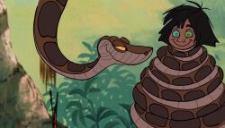    asphyxiation black_hair coils dark_skin disney evil_smile happy_trance jungle kaa kaa_eyes male_only maledom malesub mowgli smile snake the_jungle_book thiswaslost 
