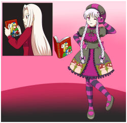  alternate_costume alternate_hairstyle before_and_after book border braid brown_eyes clothed dress eye_color_change eyebrows_visible_through_hair eyeshadow fate/extra fate/grand_order fate/zero fate_(series) female_only femdom femsub fingerless_gloves floating gloves gradient_background grey_hair hair_color_change hand_on_hip irisviel_von_einzbern lipstick long_hair looking_at_viewer makeup milf nail_polish nursery_rhyme_(fate/grand_order) open_mouth pink_eyes posing possession shoes simple_background smile starmvenus white_hair wink 