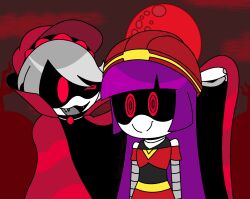 cape doll_(murder_drones) fangs femsub grey_hair happy_trance hat helmet hypnoscream maledom murder_drones purple_hair red_background red_eyes ring_eyes serial_designation_n shiny_hair smile vampire wink 