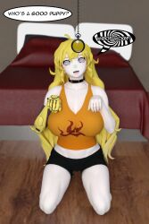 3d bare_shoulders bed blonde_hair breasts clothed collar collarbone dialogue dog_girl dog_pose femsub happy_trance kneeling large_breasts midriff muscle_girl open_mouth pet_play pocket_watch prosthetic_limb rwby shorts smile speech_bubble spiral_eyes spiralwash_eyes symbol_in_eyes tank_top text theheckle tongue very_long_hair yang_xiao_long