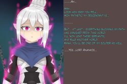  anankos_(fire_emblem) aura chains dialogue dragon_girl elf_ears english_text femsub fire_emblem fire_emblem_fates kana_(fire_emblem) nasicampur32 nintendo red_eyes silver_hair tears text unhappy_trance 