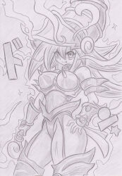 banshou blush breasts collar corruption dark_magician_girl empty_eyes femsub greyscale happy_trance hat large_breasts long_hair monochrome sketch tongue tongue_out traditional translation_request yu-gi-oh!