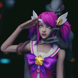  3d alternate_costume alternate_hair_color alternate_hairstyle bare_shoulders bow_tie choker corruption dungeons_and_dragons esccc expressionless femsub league_of_legends luxanna_crownguard mind_flayer pink_hair saluting standing standing_at_attention tentacles twintails whitewash_eyes wufan870203 