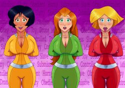 absurdres alex barcode black_hair blonde_hair bodysuit breasts clover expressionless female_only femsub foolycooly happy_trance large_breasts long_hair mantra multiple_girls open_mouth red_hair sam spiral_eyes standing standing_at_attention symbol_in_eyes text totally_spies