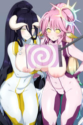 albedo_(overlord) bent_over black_hair blush breast_press breasts cleavage demon_girl erect_nipples female_only femsub glowing_eyes horns huge_breasts hypnotic_screen jibril large_breasts large_hips lindaroze long_hair manip misterman4_(manipper) multicolored_hair multiple_girls no_game_no_life open_mouth overlord pink_hair ponytail spiral_eyes succubus symbol_in_eyes symmetrical_docking tagme tech_control torn_clothes wings