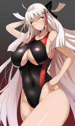  breasts cleavage exposed_chest expressionless fate/grand_order fate_(series) female_only femsub first_and_second glowing glowing_eyes grey_hair large_breasts large_hips long_hair looking_at_viewer manip misterman4_(manipper) okita_souji_alter one-piece_swimsuit posing solo spiral_eyes swimsuit symbol_in_eyes tagme 