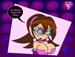  aged_up alternate_costume bare_shoulders capcom choker cleavage collarbone drool earrings english_text eyebrows_visible_through_hair eyelashes femsub headband hypnoscream kaa_eyes large_breasts megaman_(series) megaman_legends_(series) multicolored_eyes open_mouth pov_dom shiny_hair shiny_skin simple_background solo speech_bubble tron_bonne 