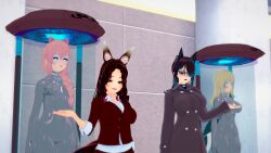  3d animal_ears black_hair blake_(blakiee) blonde_hair blue_eyes blue_hair blush braid brown_hair cat_boy cat_ears choker coat collar control_collar cybus_industries doctor_who_(series) dog_ears drone expressionless femdom femsub fox_ears fox_girl glasses graybot green_eyes hair_covering_one_eye jamie_(blakiee) kitsune_girl koikatsu! lipstick liz_(blakiee) malesub milena multiple_doms multiple_girls multiple_subs original pink_hair red_lipstick shirt standing standing_at_attention stasis_tank tech_control wolf_girl 