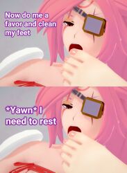  absurdres baiken brown_eyes dialogue english_text eyepatch femsub foot_licking guilty_gear licking long_hair maledom nude pink_hair text tomboyfreezewinter 