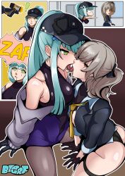  absurdres blue_hair brown_hair bzurrrf character_request clothed drool empty_eyes expressionless female_only femdom femsub french_kiss girls_frontline gloves green_eyes hat hk416_(girls_frontline) hypnotic_beam hypnotic_gun kissing long_hair multiple_girls open_mouth orange_eyes pantyhose ponytail sideboob signature spiral spiral_eyes symbol_in_eyes tagme thighs tie tongue tongue_out ump45_(girls_frontline) yuri 