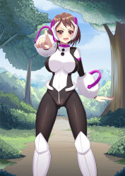  absurdres breasts brown_hair large_breasts looking_at_viewer my_hero_academia newgirugamon ochaco_uraraka outdoors short_hair standing trees 