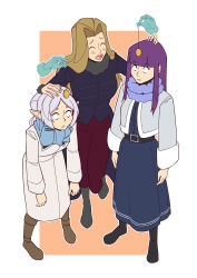  bangs blonde_hair boots coat coin dazed ef-nsfw elf elf_ears female_only femdom femsub fern_(frieren:_beyond_journey's_end) frieren frieren:_beyond_journey's_end long_hair methode pendulum purple_hair scarf smile white_hair 