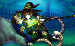 abluedeer ash_(ashkelling) brown_hair cat_boy cat_girl clothed dazed femdom furry glowing green_eyes hat keilani_(keilani) leopard_boy long_hair magic malesub open_mouth original red_hair smile tiger_girl witch witch_hat