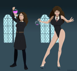 before_and_after bimbofication breast_expansion breasts brown_hair female_only harry_potter_(series) hermione_granger high_heels large_breasts large_lips leotard potion sortimid tie transformation