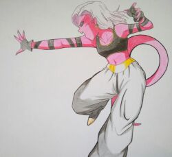  android_18 black_sclera corruption disguised_hypnotist dragon_ball femsub pink_skin red_eyes tail traditional white_hair 