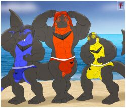  aaron_(artist) beach bulge flexing furry happy_trance himbo himbofication hypnotic_clothing looking_at_viewer male_only malesub multiple_boys multiple_subs muscle_boy orca_boy original posing red_hair speedo spiral_eyes story swimsuit symbol_in_eyes topless 