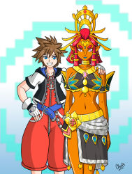aged_up alerith bare_shoulders blue_lipstick breasts breath_of_the_wild brown_hair clothed crossover crown dark_skin disney elf_ears empty_eyes eye_color_change femsub gerudo glowing hair_ornament hand_on_hip happy_trance jewelry kingdom_hearts lipstick long_hair makeela_riju makeup maledom midriff navel necklace nintendo pink_eyes princess red_hair royalty short_hair shorts skirt smile sora spiral_background square_enix tears_of_the_kingdom the_legend_of_zelda thighs