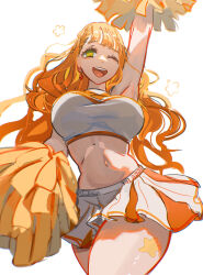  absurdres anonymous828_(manipper) armpits arms_above_head bangs bare_legs black_clover blonde_hair cheerleader crop_top earrings empty_eyes female_only femsub green_eyes happy_trance manip midriff mimosa_vermillion mitanaartworks navel one_eye_open open_mouth orange_hair short_skirt simple_background skirt smile solo tank_top very_long_hair white_background wink 